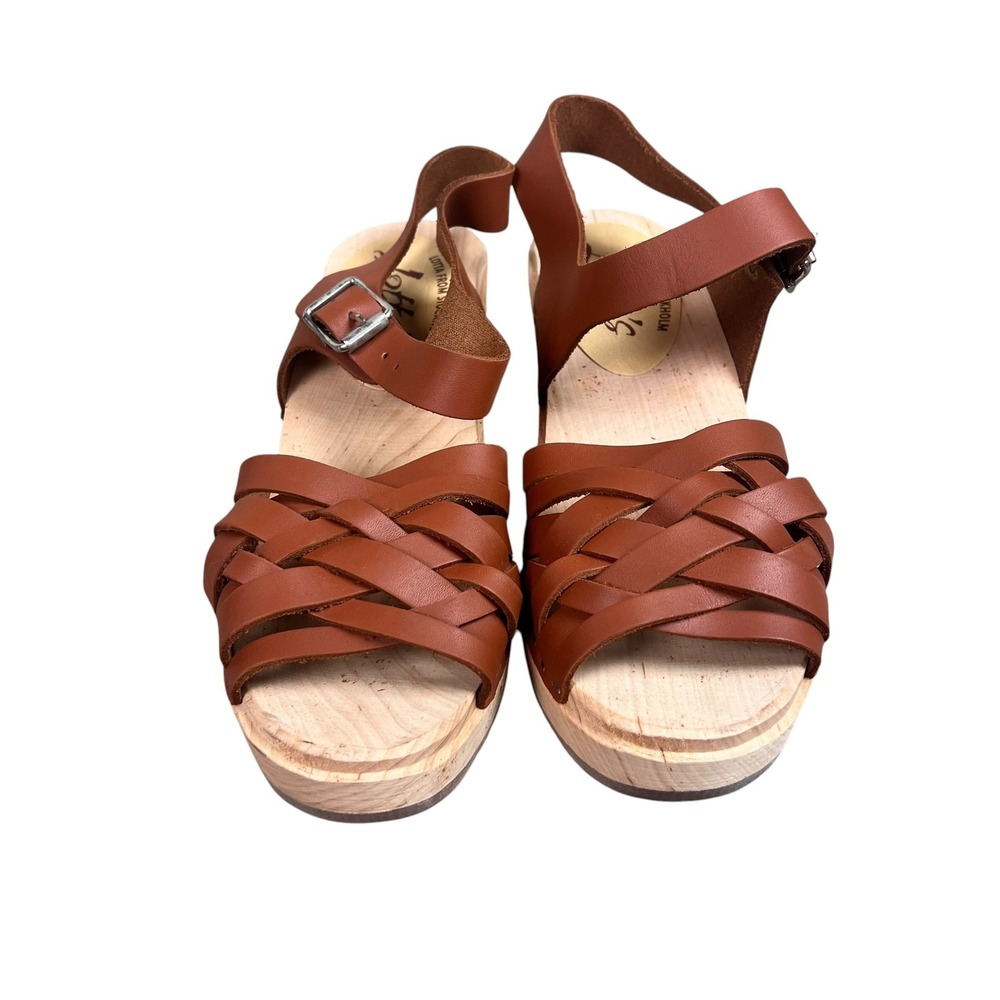 Lotta from Stockholm Tan Leather Braided Swedish Clogs Wooden Sandals Size 39 - Picture 2 of 8